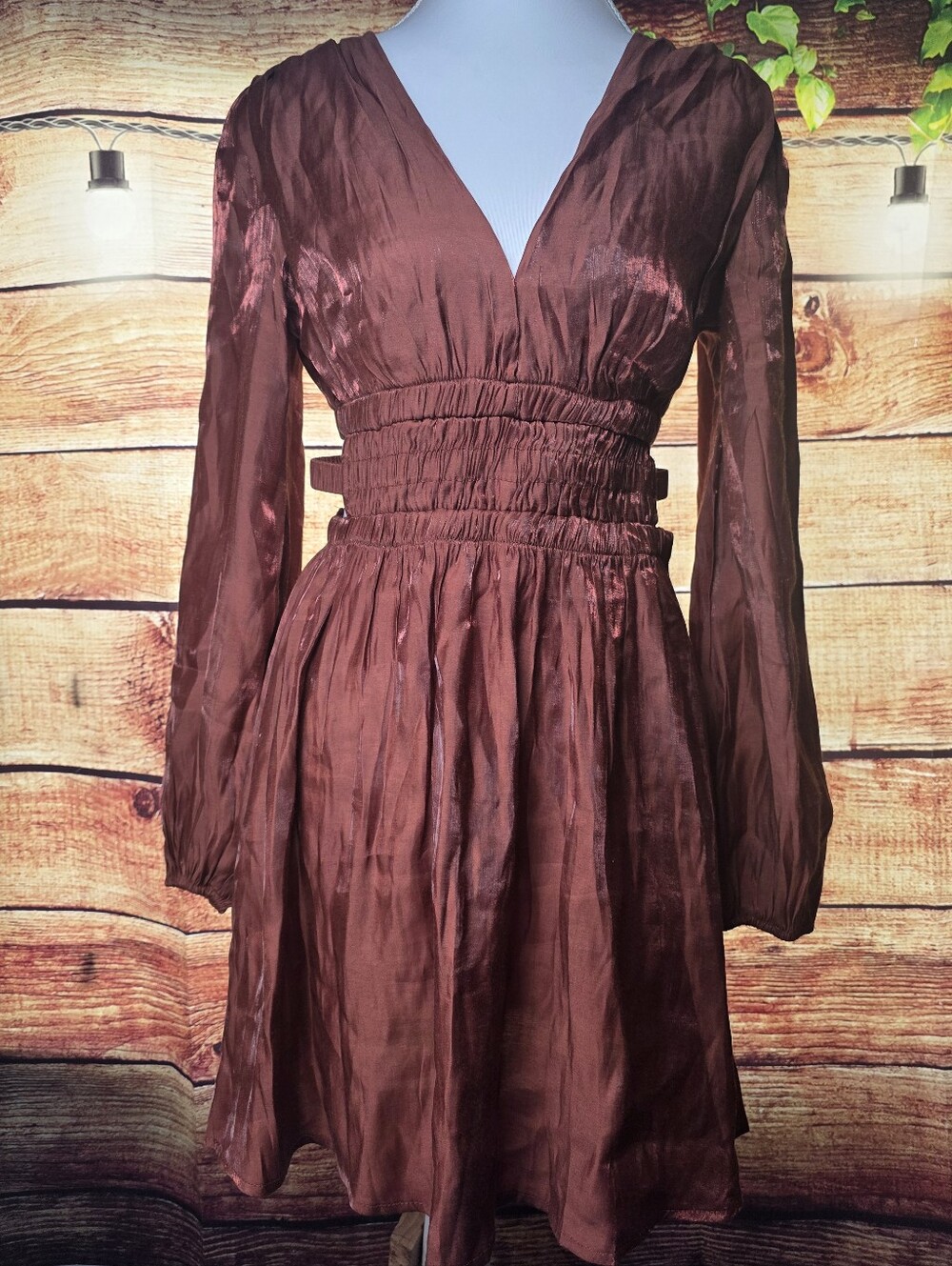 Women's Long-Sleeve V-Neck Smocked-Waist Dress in Deep Brown